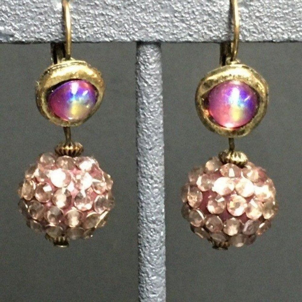 Drop Dangle Pierced Earrings As Is Gold Purple Rhinestone Ball Retro Glam Bling